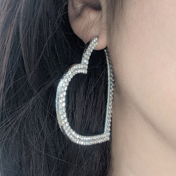 Earrings Hoop Earrings Big Hearts Shiny Crystal Rhinestone Silver Tone - Picture 3 of 12